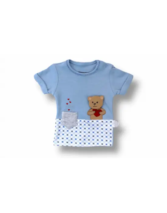 Omarı Romantik Ayıcık Nakışlı Kısa Kollu 3lü Bebek Takımı Mavi