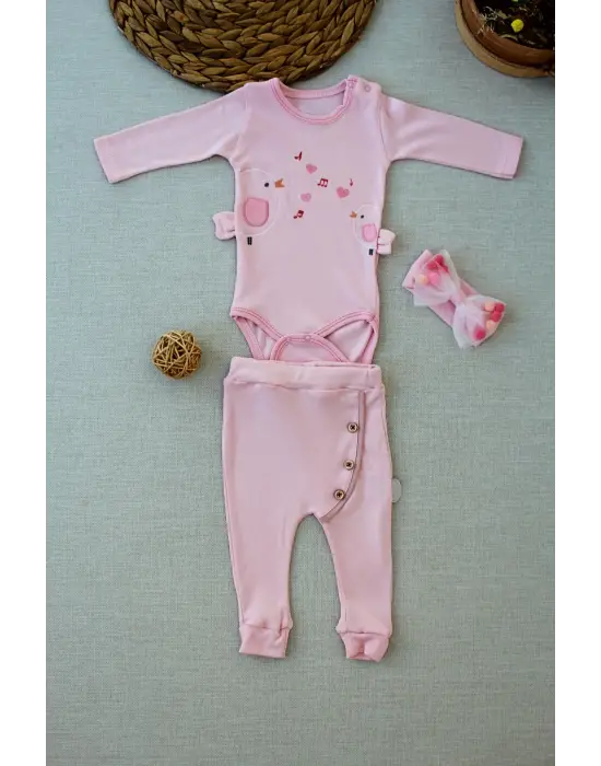 Omarı Şarkıcı Kuşlar Nakışlı Bebek Kız Takımı - Pembe
