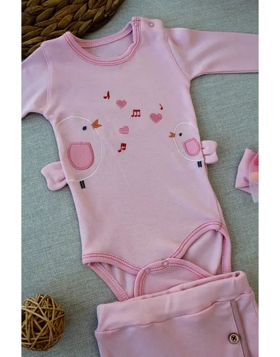 Omarı Şarkıcı Kuşlar Nakışlı Bebek Kız Takımı - Pembe