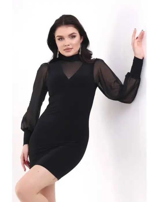 Omarı Şeffaf Detaylı Balıkçı Yaka Mini Elbise