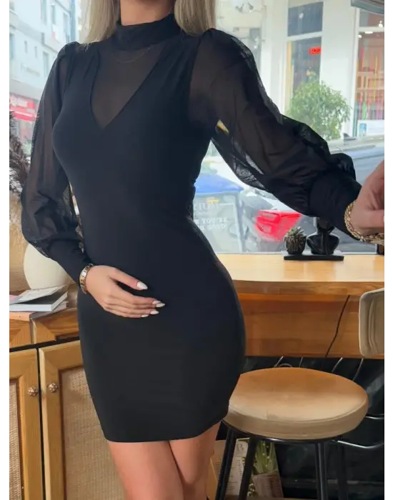 Omarı Şeffaf Detaylı Balıkçı Yaka Mini Elbise