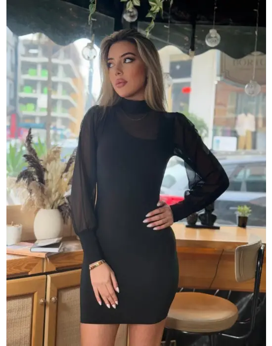 Omarı Şeffaf Detaylı Balıkçı Yaka Mini Elbise