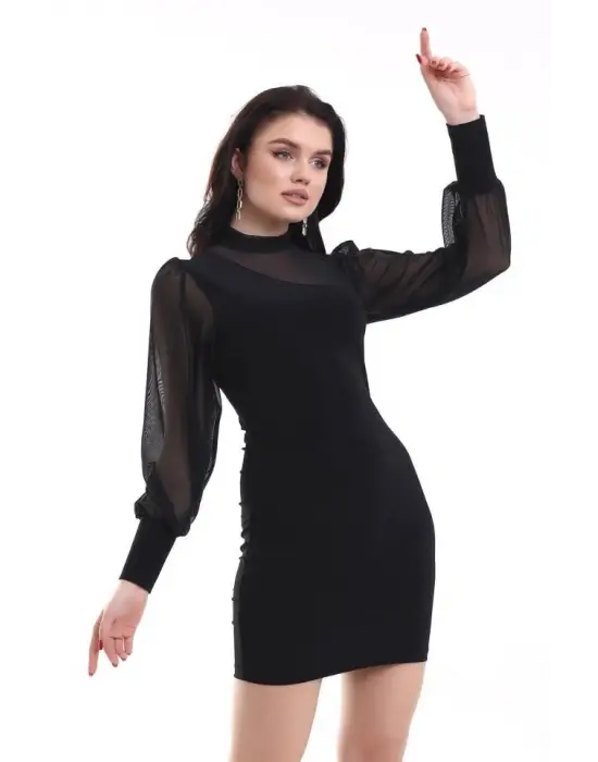 Omarı Şeffaf Detaylı Balıkçı Yaka Mini Elbise