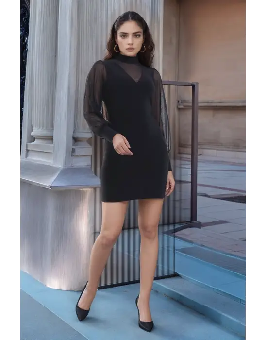 Omarı Şeffaf Detaylı Balıkçı Yaka Mini Elbise