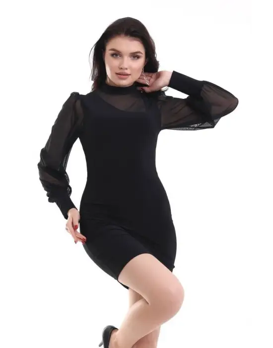 Omarı Şeffaf Detaylı Balıkçı Yaka Mini Elbise