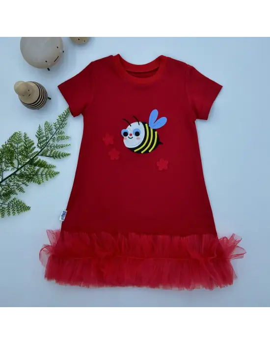 Omarı Sevimli Arıcık Nakışlı Kırmızı Fırfırlı Bebek Elbisesi