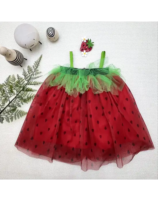 Omarı Sevimli Askılı Çilek Kostüm Kırmızı Elbise