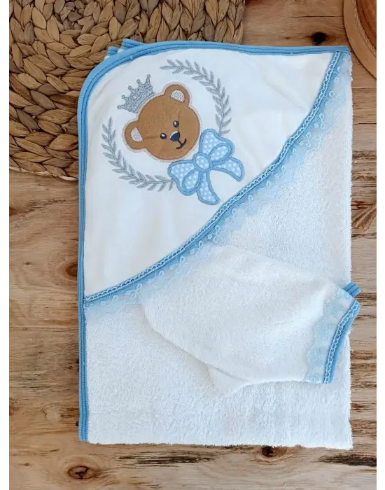 Omarı Sevimli Bear Nakışlı 2li Erkek Bebek Havlu Takımı