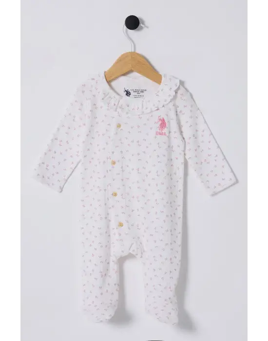 Omarı Sevimli Beyaz-Pembe Bebek Tulumu