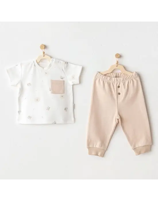 Omarı Sevimli Hayvan Desenli Bebek 2li Takım Beige