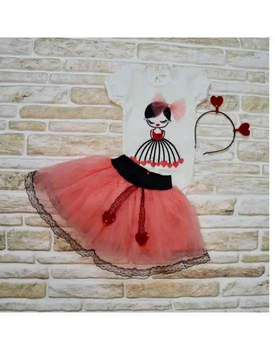 Omarı Sevimli Kalp Nakışlı Tütü Etek 3lü Kız Bebek Takımı