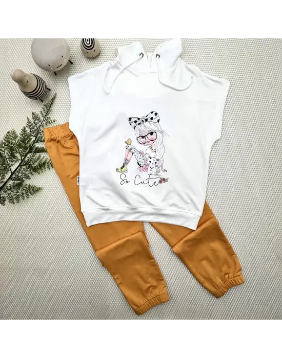 Omarı Sevimli Kapşonlu Kısa Kollu 2li Çocuk Takımı - Hardal