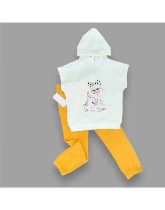 Omarı Sevimli Kapşonlu Kısa Kollu 2li Çocuk Takımı - Hardal