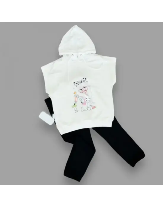 Omarı Sevimli Kapşonlu Kız Erkek Çocuk Takımı Siyah