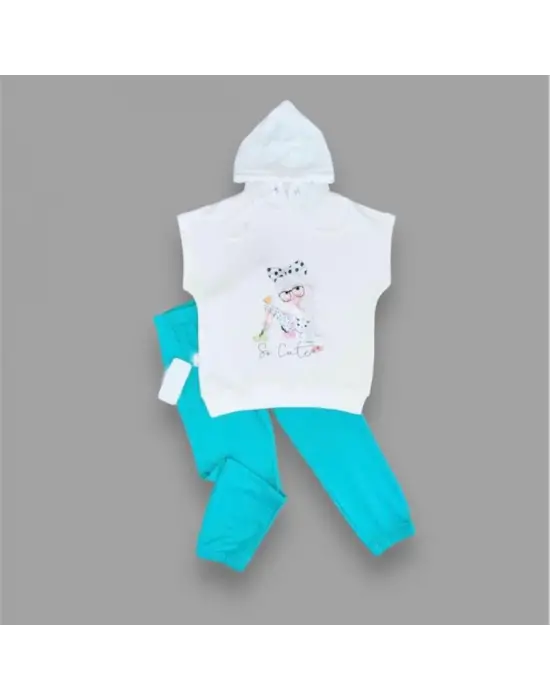 Omarı Sevimli Kız Baskılı Kısa Kollu Çocuk Takımı - Turkuaz