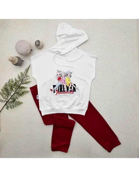 Omarı Sevimli Kız Çocukları İçin Kapşonlu Kırmızı Takım