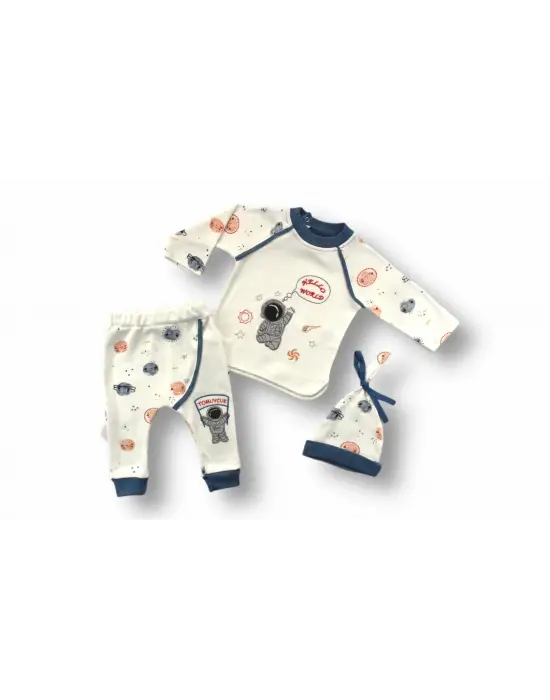 Omarı Sevimli Kozmonot Nakışlı Bebek Takımı Ekru