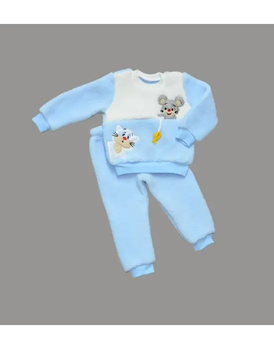 Omarı Sevimli Kuzu Desenli Sweat Pantolon Kız Erkek 2 Li Takımı Mavi