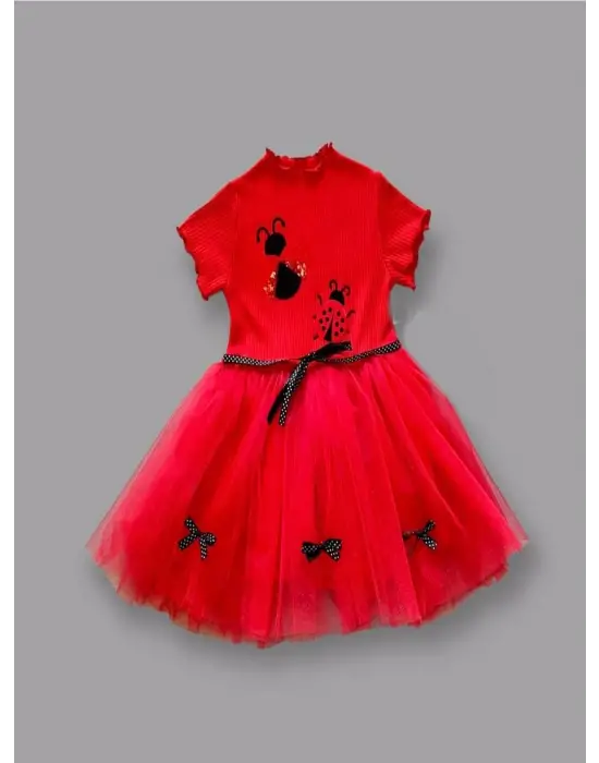Omarı Sevimli Uğur Böceği Nakışlı Kırmızı Kız Çocuk Elbisesi