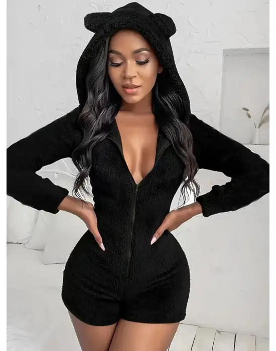 Omarı Sıcacık Kış Stili Kadın Peluş Şort Tulum