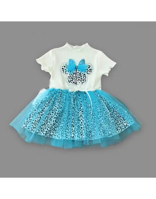 Omarı Şık Fiyonk Detaylı Kız Bebek Tütü Elbisesi Turkuaz-Ekru