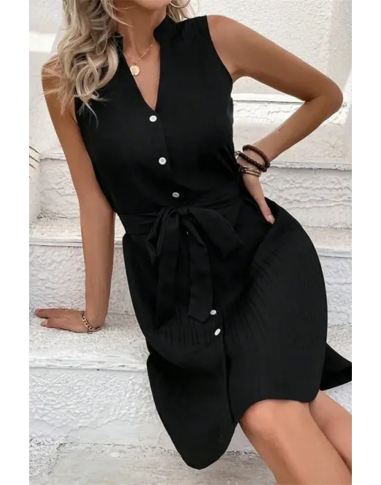 Omarı Şık Kadın Hakim Yaka Düğmeli Keten Elbise