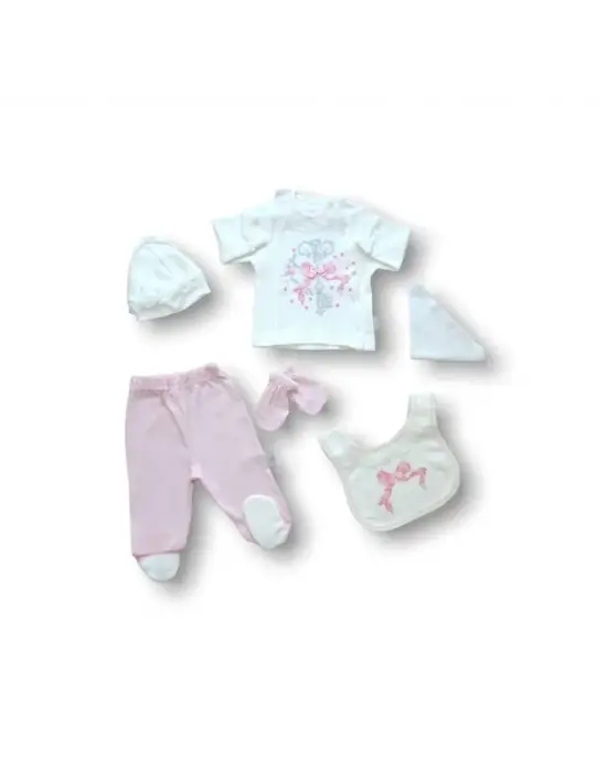 Omarı Şık Kanaviçe Nakışlı 5 Parça Zıbın Takımı Pembe