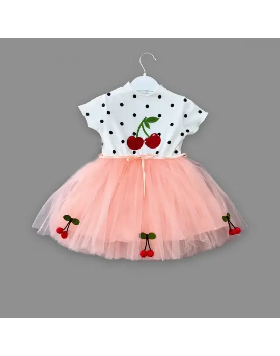 Omarı Şık Kiraz Nakışlı Tütü Elbisesi Pudra