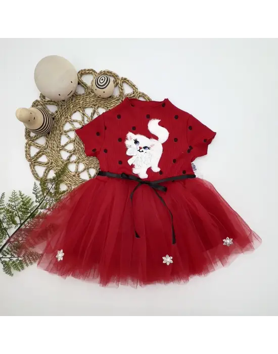 Omarı Şık Kırmızı Payetli Kedicik Baskılı Bebek Elbisesi
