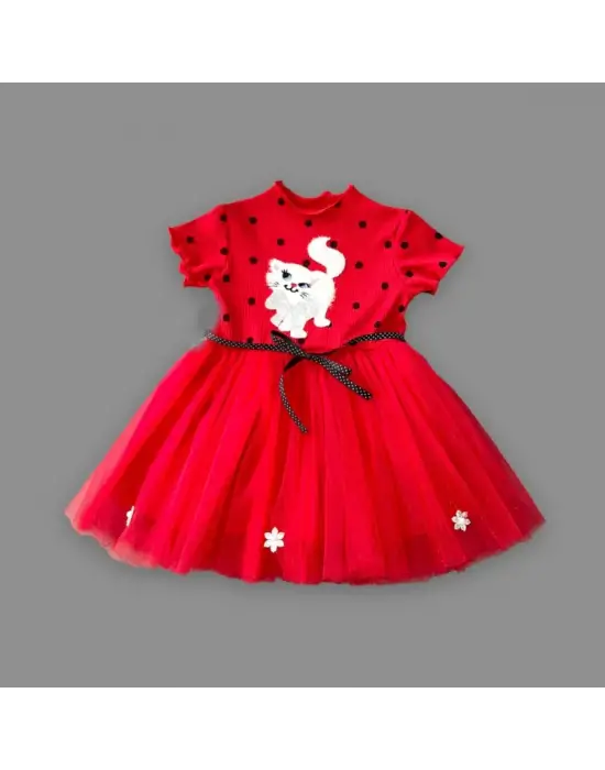 Omarı Şık Kırmızı Payetli Kedicik Baskılı Bebek Elbisesi