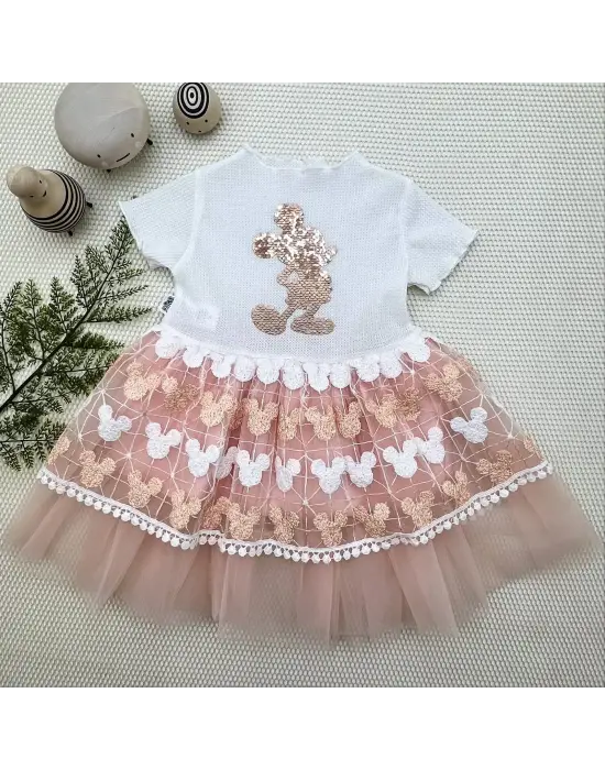 Omarı Şık Payet Detaylı Mickey Baskılı Kız Bebek Elbisesi Pudra Tonları