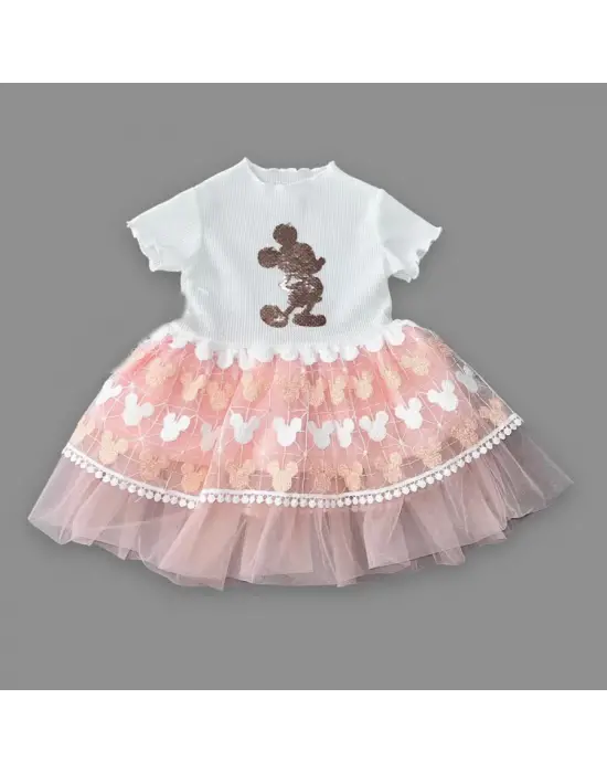 Omarı Şık Payet Detaylı Mickey Baskılı Kız Bebek Elbisesi Pudra Tonları