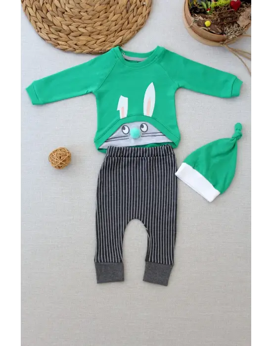 Omarı Şımarık Tavşan Nakışlı Bebek Sweat Takımı - Yeşil