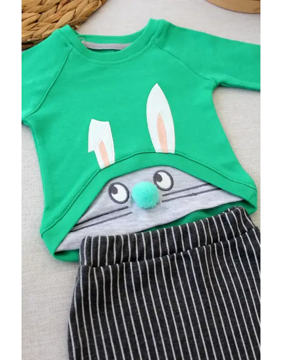 Omarı Şımarık Tavşan Nakışlı Bebek Sweat Takımı - Yeşil