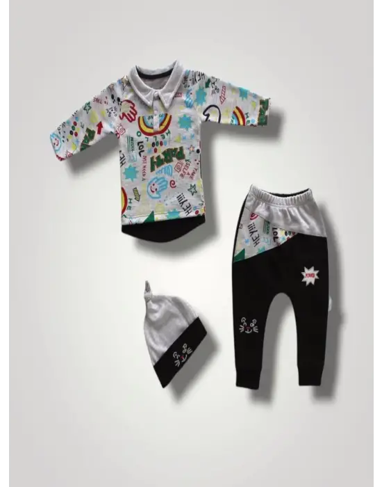 Omarı Şirin Kedi Nakışlı Bebek Sweat Takımı Siyah