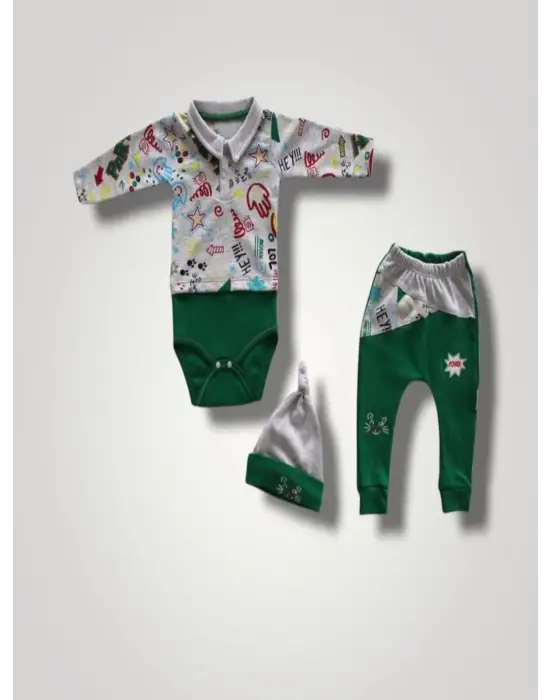 Omarı Şirin Power Kedi Nakışlı Bebek Takımı - Yeşil