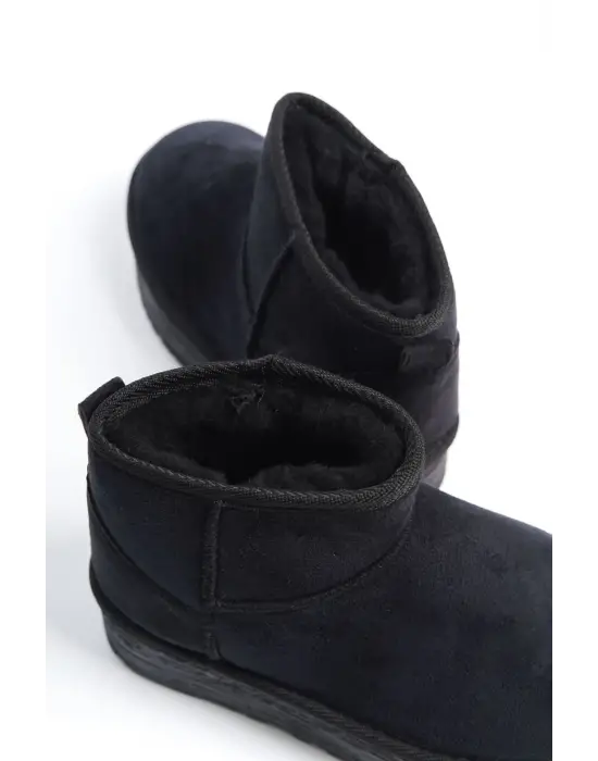 Omarı Siyah Kürklü Düz Taban Suede Bayan Bot - Günlük Şık Stil