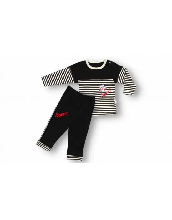 Omarı Sport Baskılı Çizgili Uzun Kollu Erkek Bebek Takımı Siyah