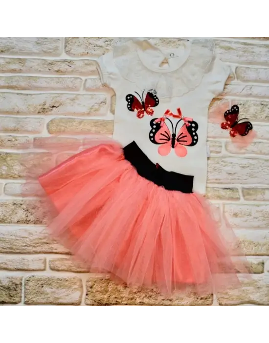 Omarı Taçlı Kelebek Nakışlı Tütü Kız Bebek Takımı