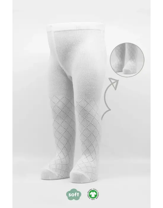 Omarı Tekli Ekose Kabartma Penye Külotlu Çorap Beyaz