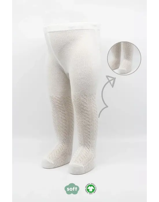 Omarı Tekli Zikzak Desenli Penye Külotlu Çorap - Ekru Renkli