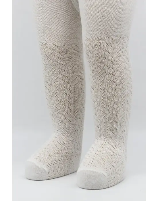 Omarı Tekli Zikzak Desenli Penye Külotlu Çorap - Ekru Renkli