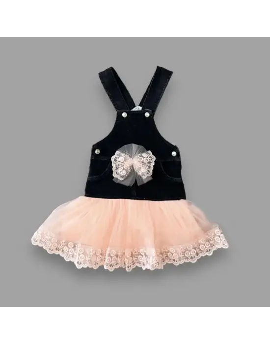 Omarı Tül Etekli Fiyonk Detaylı Kız Çocuk Salopet Elbisesi - Siyah-Pudra