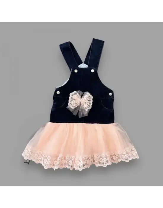 Omarı Tül Etekli Tül Salopet Kız Çocuk Elbisesi Lacivert-Pudra