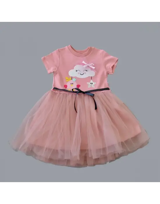 Omarı Tül Tokalı Bulut Civciv ve Yıldız Nakışlı Bebek Elbisesi