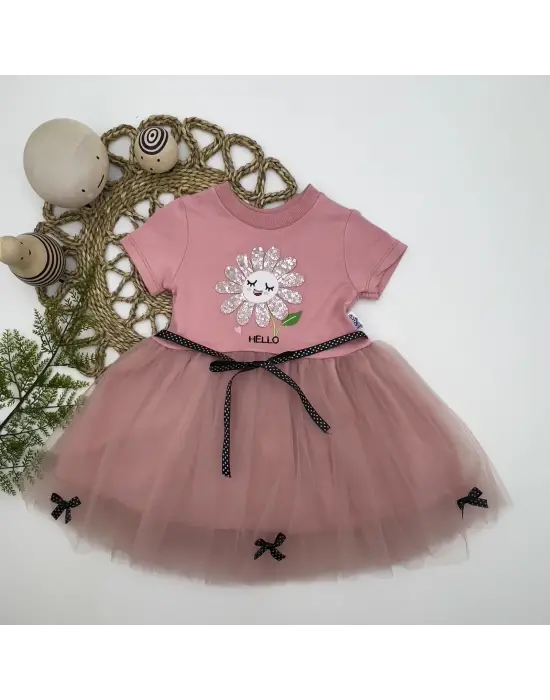 Omarı Tütü Elbise Çiçek Nakışlı Kız Bebek Elbisesi