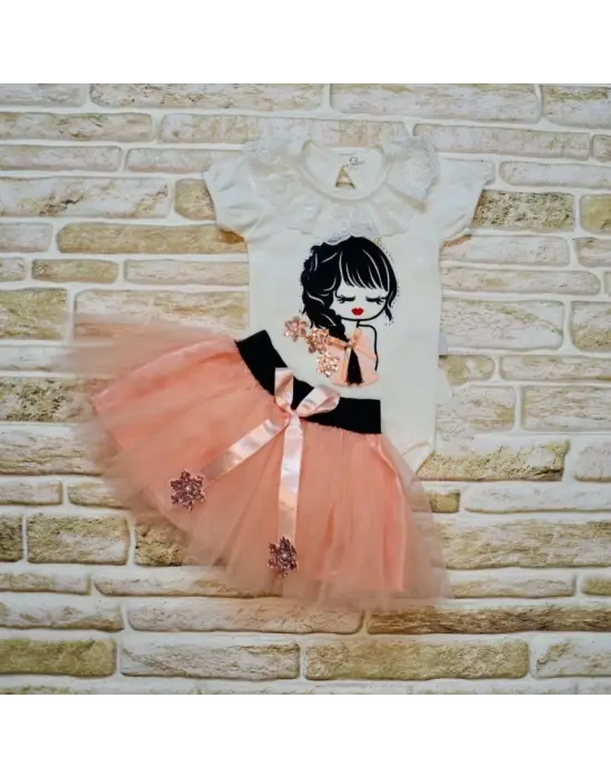 Omarı Tütü Etekli Saç Örgülü Bebek Kız Takımı Pudra