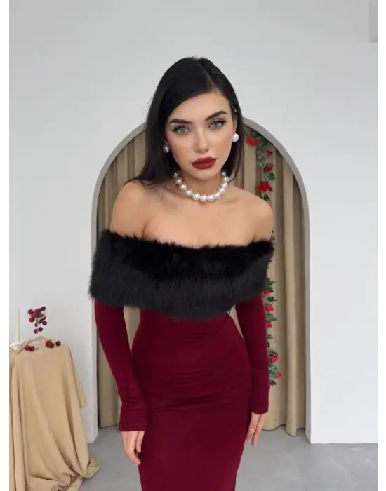 Omarı Tüy Detaylı Straplez Elbise