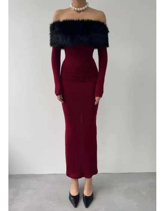 Omarı Tüy Detaylı Straplez Elbise