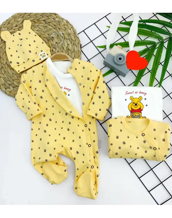 Omarı Unisex Pooh Desenli 3lü Bebek Tulum Seti